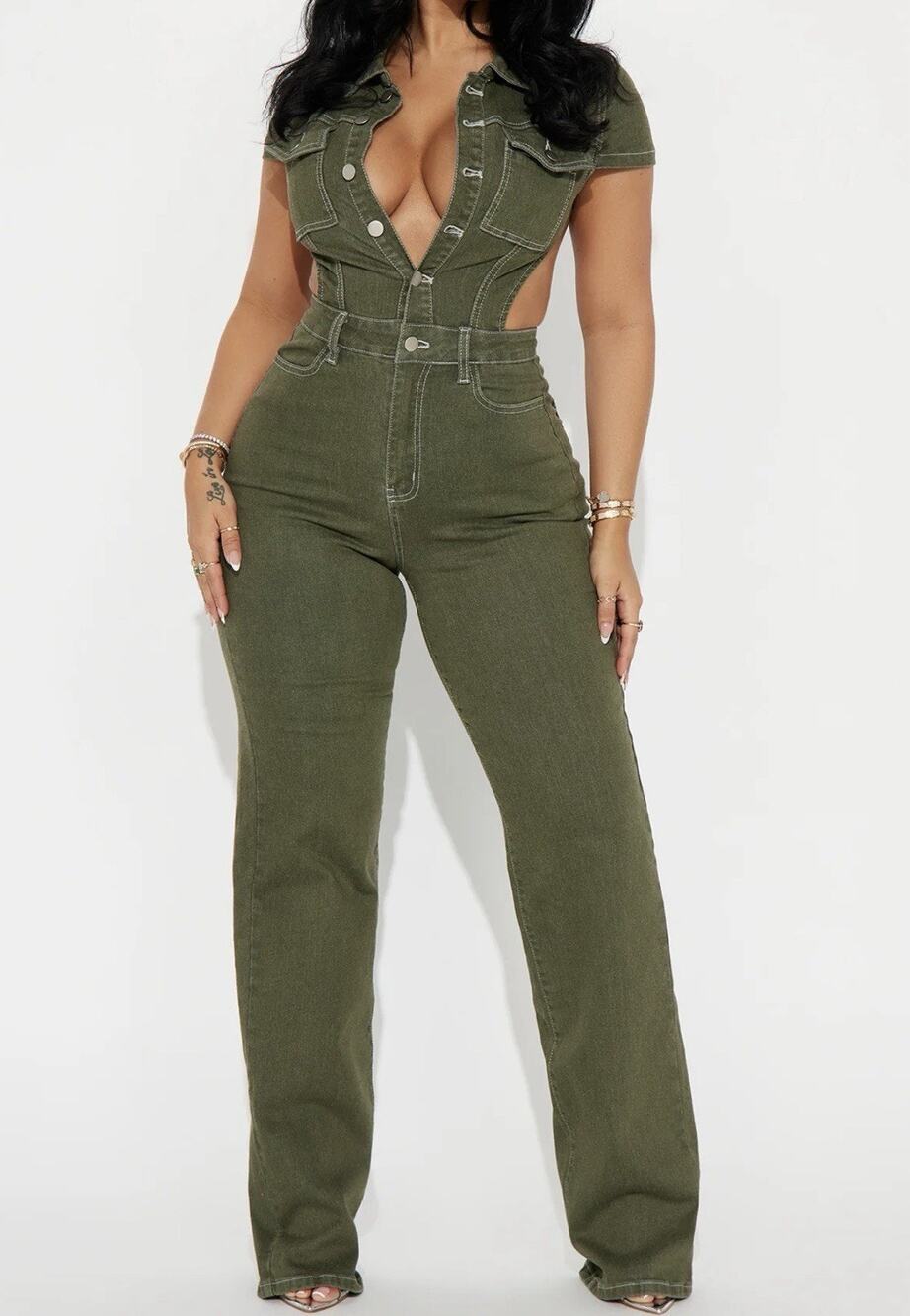 Fashion Nova Kamaria Denim Jumpsuit Sz Medium Olive Green Cut-Out Waist NWT